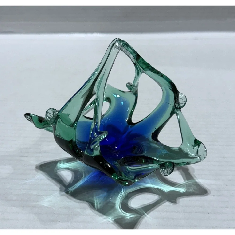 Vintage Murano Style MCM Blue Green Art‎ Glass Basket - Size 4.5 x 4.5 x 4
